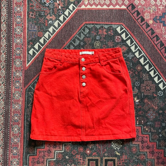 Twik Simons Red Denim Button Fly Mini Skirt EUC size M - Picture 1 of 4